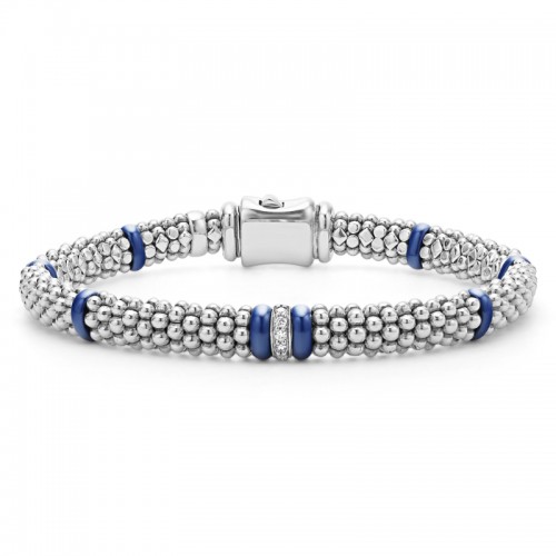 Lagos Sterling Silver Blue Caviar Single Station Diamond Caviar Bracelet
