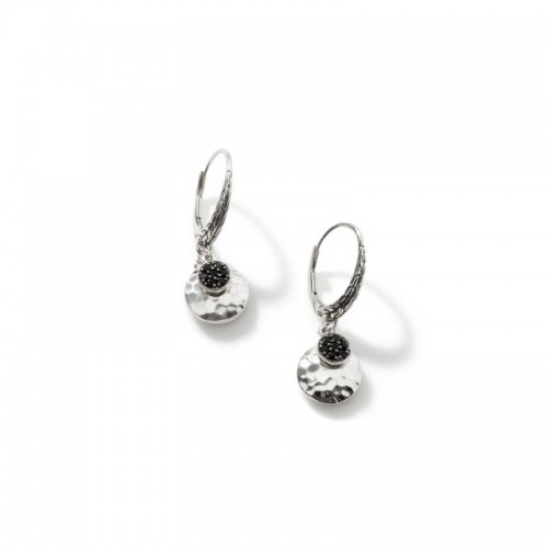 John Hardy sterling silver Dot hammered drop earrings with black sapphire and black spinel, 29.5mm earrings with leverback