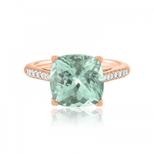 Lisa Nik 18k rose gold Rocks cushion prasiolite ring with diamonds, 10mm prasiolite with diamoinds weighing 0.14 carat total weight, size 6