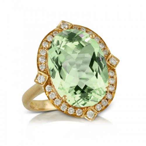 18K Yellow Gold Diamond Ring With Green Amethyst Center