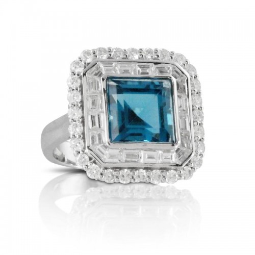 18K White Gold Diamond Ring With London Blue Topaz