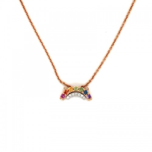 Lisa Nik 18k rose gold Rainbow curve bar necklace with multi-color sapphires weighing 0.14 carat total weight and round diamonds weighing 0.03 carat total weight