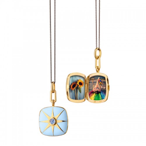 Monica Rich Kosann 18K Yellow Gold Vermeil Over Sterling Silver Cushion Shape Blue Enamel And Sapphire Locket