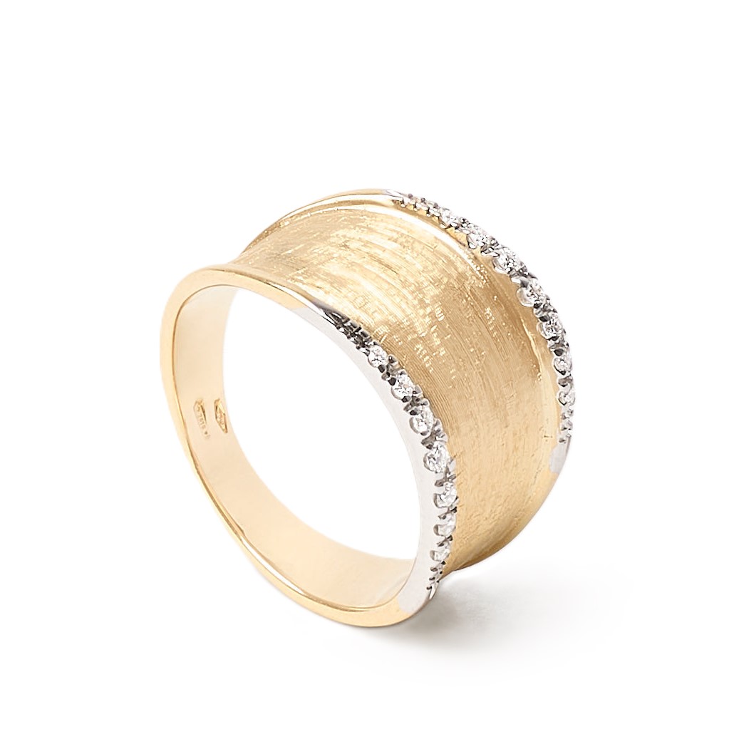 Marco Bicego Lunaria Medium Ring in 18K Yellow and White Gold Rhodium Plated with round diamonds weighing 0.14 carat total weight