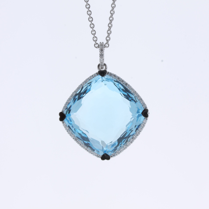 Lisa Nik 18k white gold rhodium plated Rocks 20mm cushion shaped blue topaz pendant necklace with diamonds weighing 0.44 carat total weight