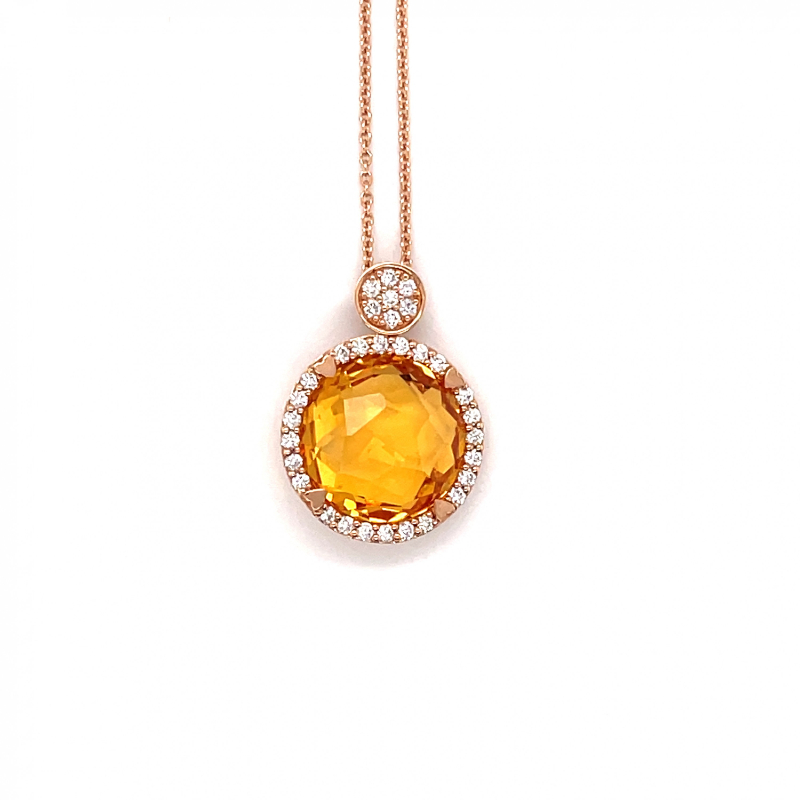 Lisa Nik 18k rose gold Rocks 11mm round citrine pendant necklace with round diamond bail and diamond halo weighing 0.30 carat total weight