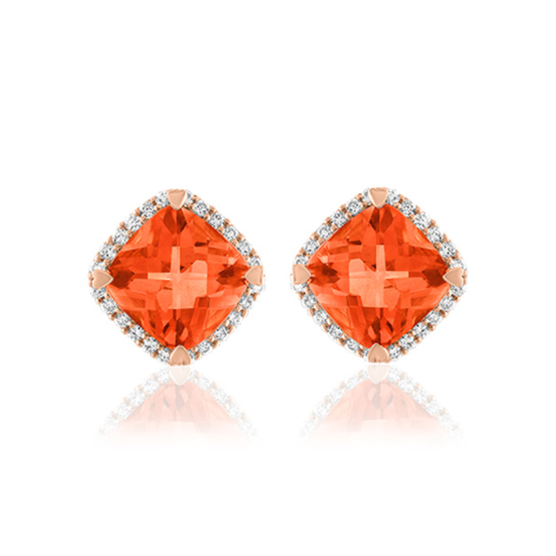 Lisa Nik 18k rose gold Rocks 8mm cushion shaped fire opal stud earrings with diamond halo weighing 0.30 carat total weight