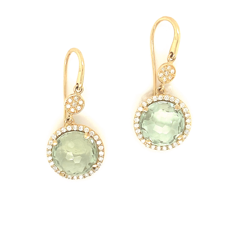 Lisa Nik 18k rose gold Rocks 11mm round green quartz drop earrings with a round bail and round diamonds weighing 0.50 carat total weight