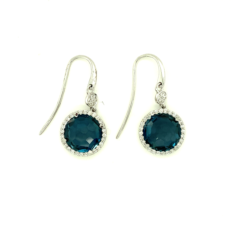 Lisa Nik 18k white gold rhodium plated Rocks 11mm round London blue topaz drop earrings with a round bail and round diamonds weighing 0.50 carat total weight