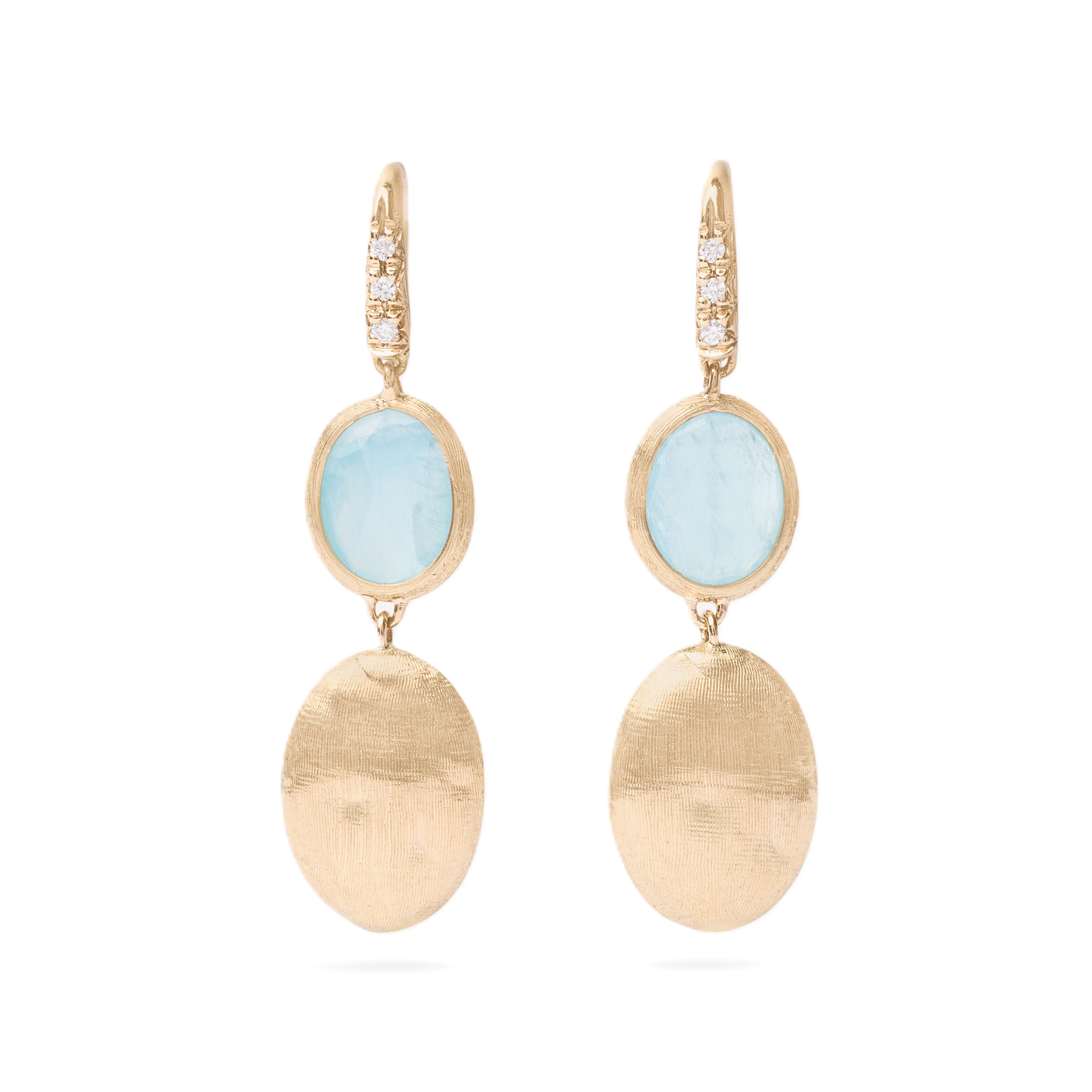 Marco Bicego Siviglia Drop Earrings in 18K yellow gold with aquamarine and diamond accent weighing 0.05 carat total weight