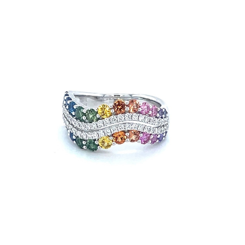 Lisa Nik Rainbow Wavy Band In 18K White Gold With Multicolored Sapphires And Round Diamonds Weighing 0.33 Carat Total Weight