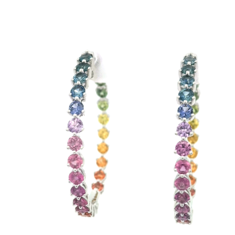Lisa Nik Rainbow 3-Prong Inside Out Hoop Earrings In 18K White Gold With Rainbow Sapphires Weighing 2.79 Carats Total Weight