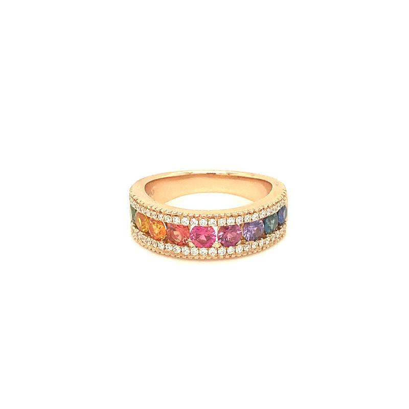 Lisa Nik 18k rose gold Colors 6mm band with rainbow sapphires weighing 1.35 carats and round diamonds weighing 0.25 carat total weight