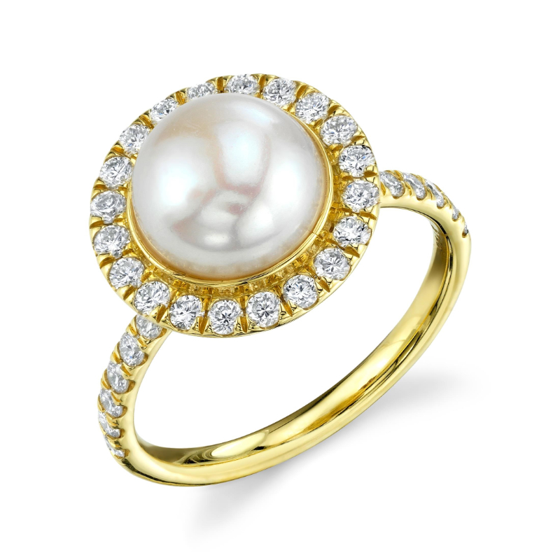 Sloan Street 18K Yellow Gold Pearl And Diamond Halo Solitaire Ring