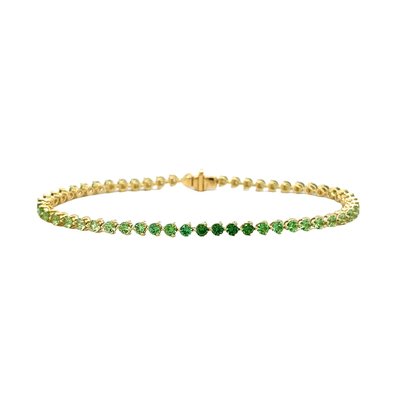 Lisa Nik 18k yellow gold Rainbow 3-prong line bracelet with ombre tsavorite garnets weghing 3.85 carats total weight