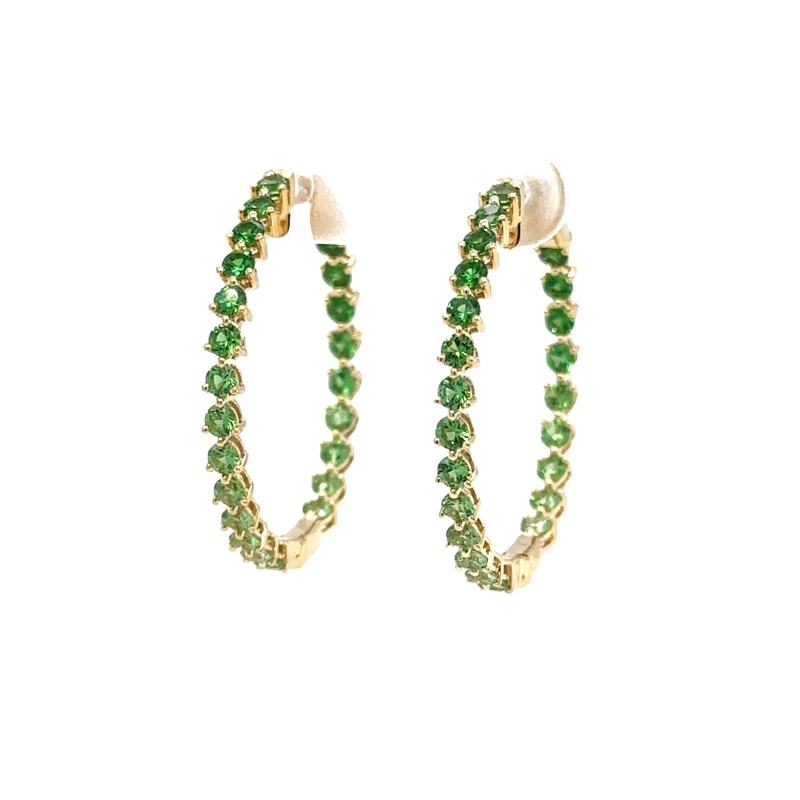 Lisa Nik 18k yellow gold Rainbow 3-prong inside out hoop earrings with ombre tsavorite garnets weighing 2.47 carats total weight